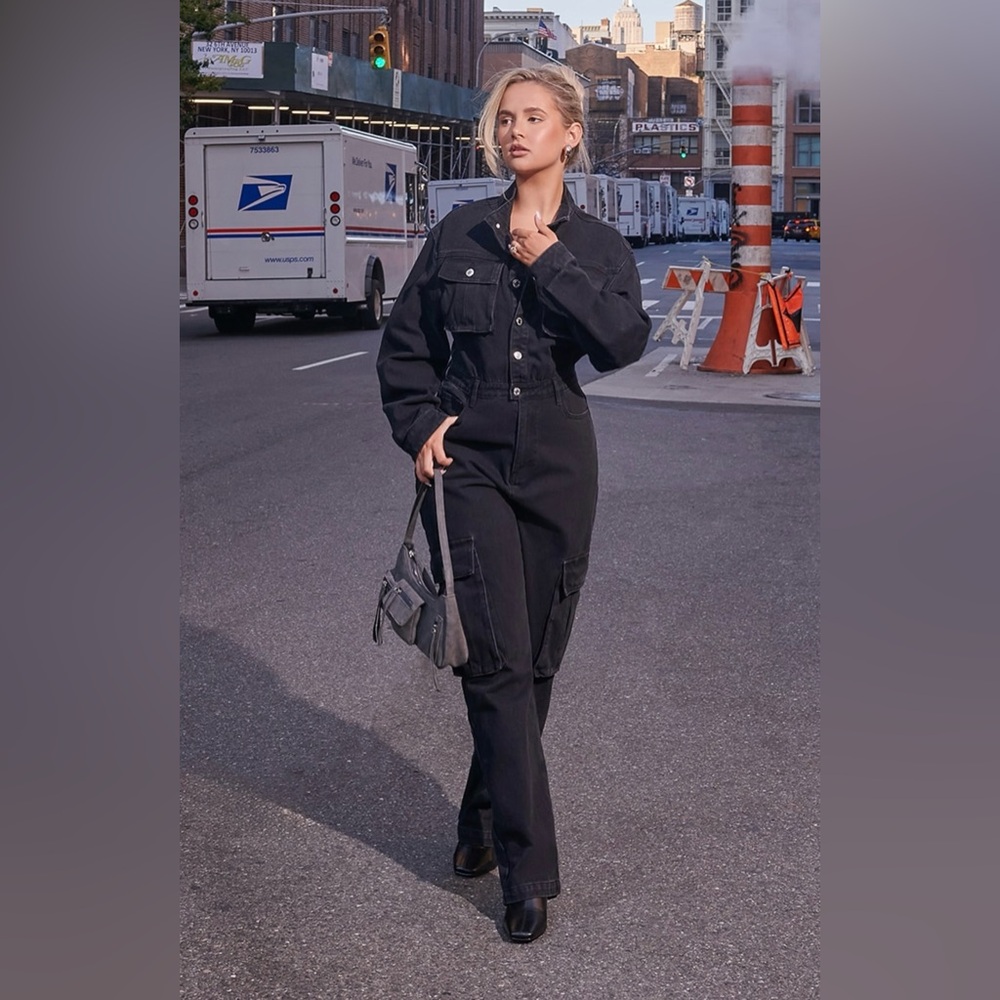 PLT WASHED BLACK DENIM CARGO WIDE LEG JUMPSUIT
